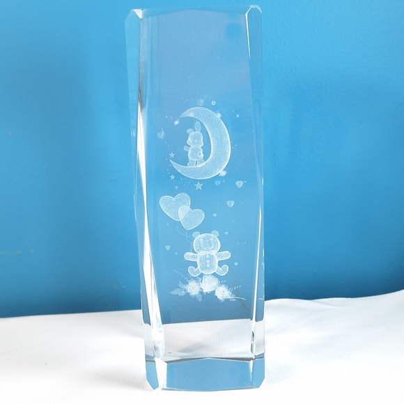 Glass 3D Laser Etched Teddy Bear Moon Decor Paperweight Bunny Stars 6" Tall - Picture 4 of 8